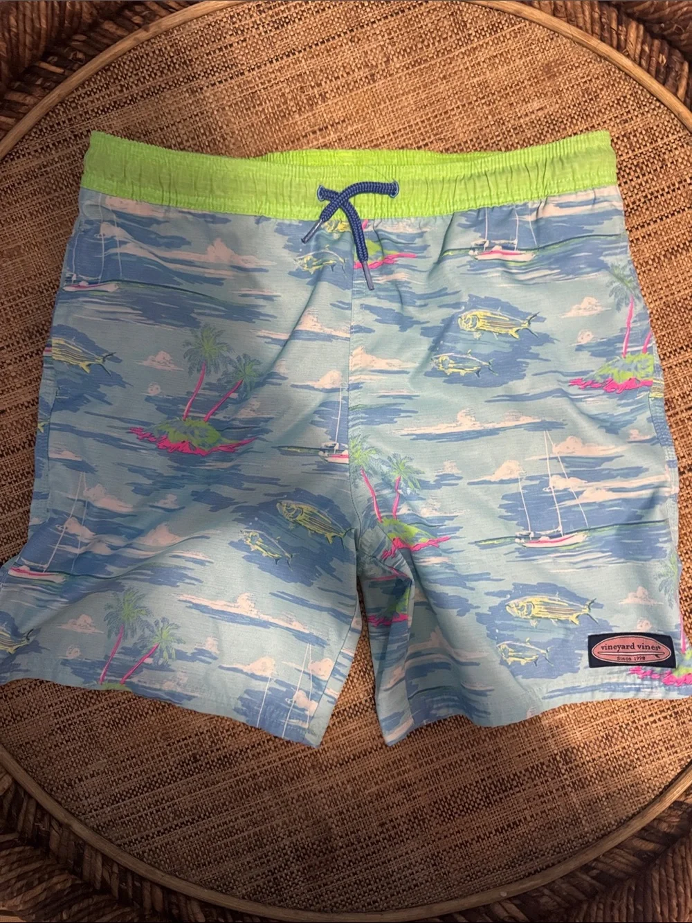 Vineyard Vines Light Blue Tropical Swim Shorts with Lime Waistband
